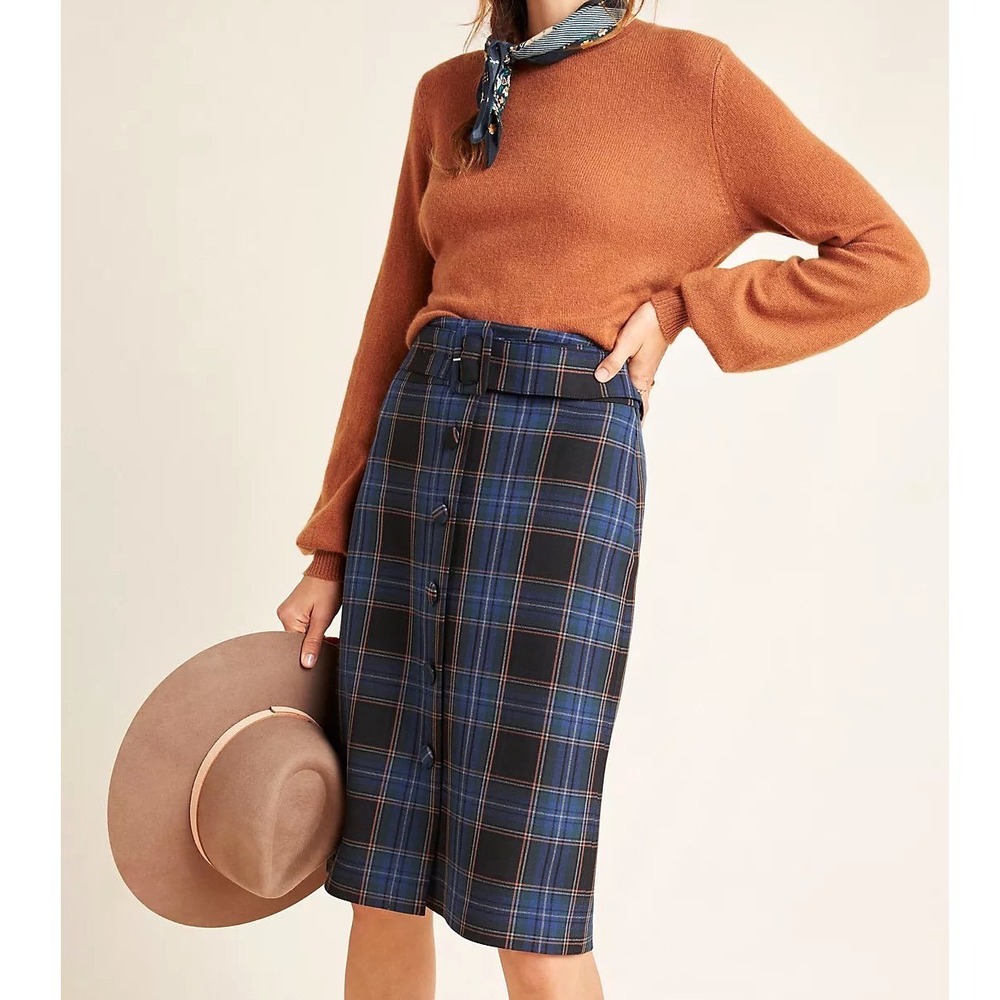 Maeveβ 0 Anthropologie Bernadette Plaid Midi Skirt Navy Blue Green Dark Academia